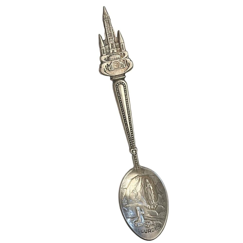 Our Lady Of Lourdes Souvenire Spoon French Sanctuary Handle Rosary Aa Lyon Vtg